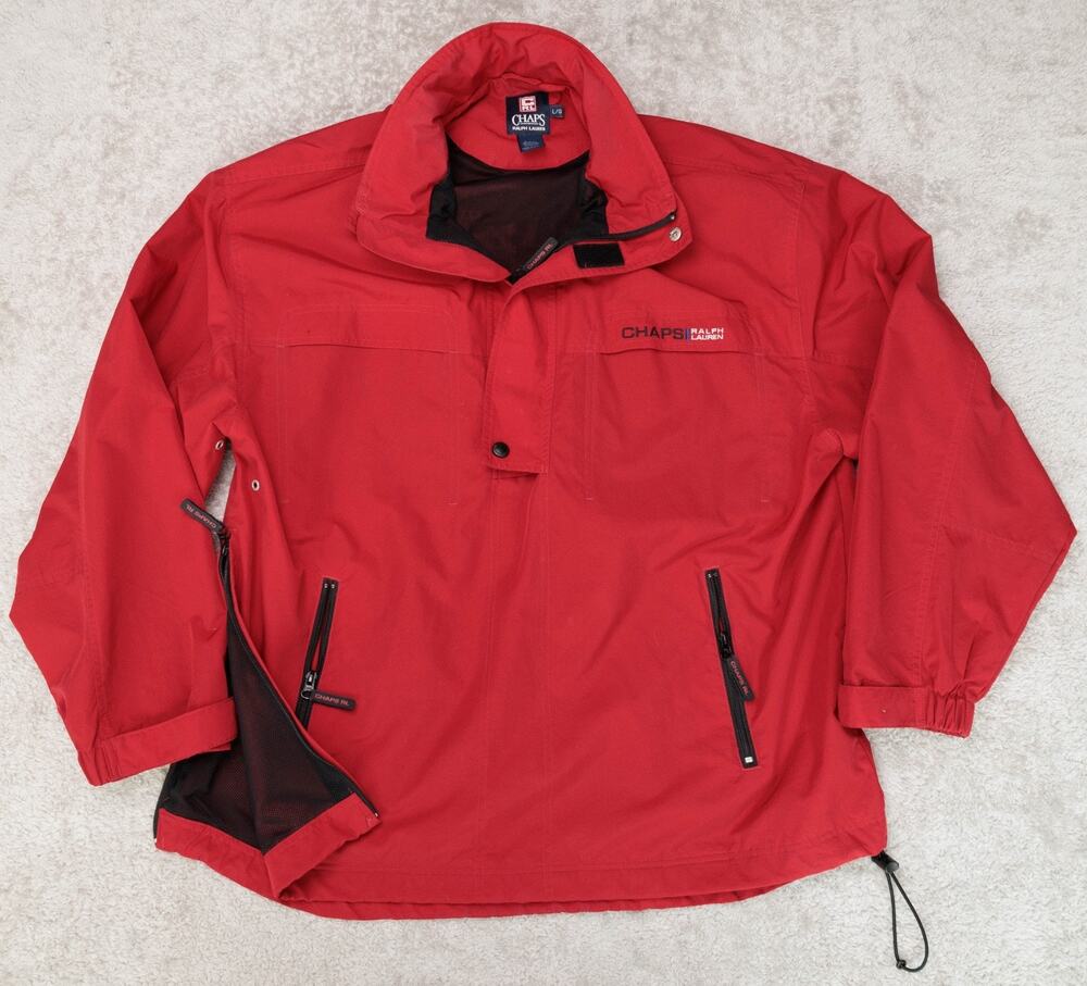 Chaps Ralph Lauren Vintage Red Windbreaker Hooded Pullover Mens Size L